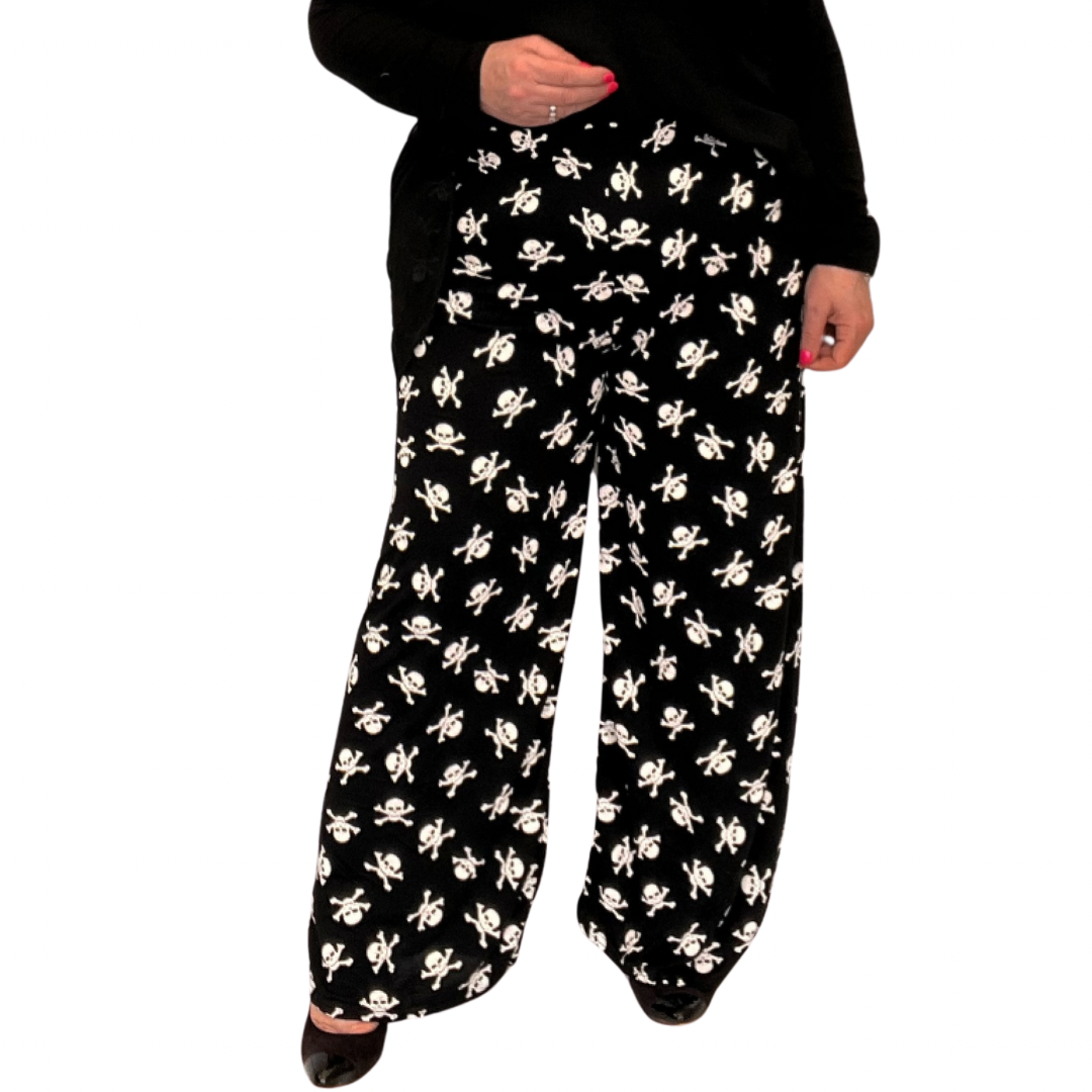 BLACK WHITE SKULLS ELASTIC WAIST PALAZZO TROUSERS