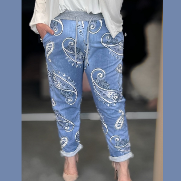 BLUE HIGH RISE JOGGERS WITH POCKETS AND PAISLEY PRINT
