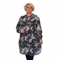 GREY FLORAL LONG LENGTH SHIRT / BLOUSE WITH GRANDAD COLLAR