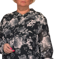 GREY FLORAL LONG LENGTH SHIRT / BLOUSE WITH GRANDAD COLLAR