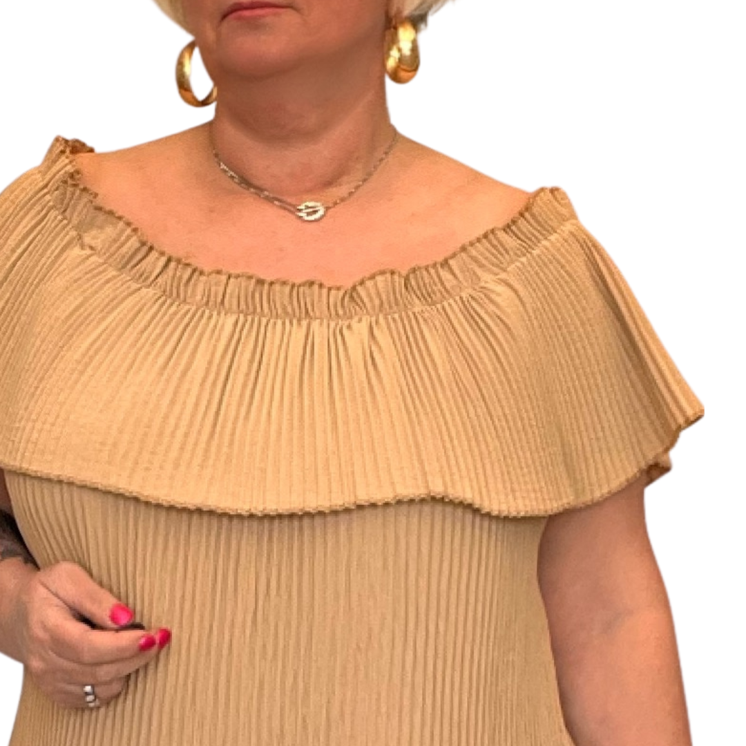 Crinkled Pleated Long Off Shoulder Top