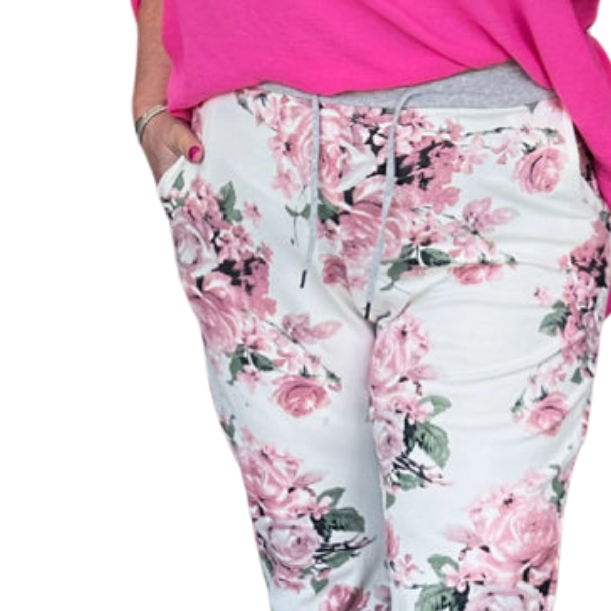 PINK WHITE FLORAL ELASTIC JOGGERS WITH SIDE POCKETS