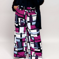 MAGENTA GEO PRINT PALAZZO TROUSERS WITH BELT