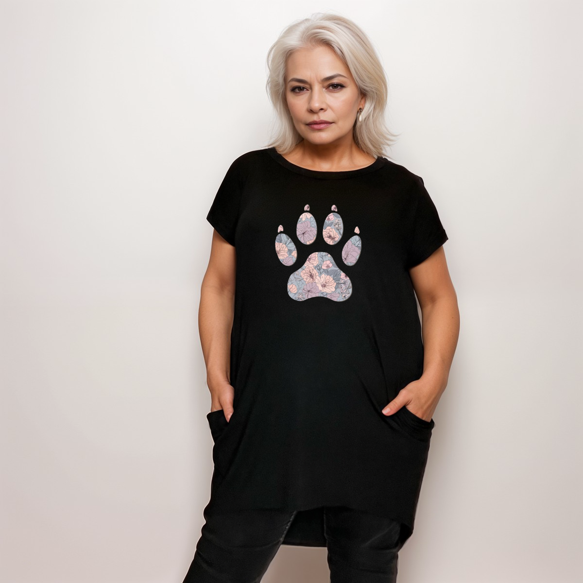 Plus‑Size Paw Print Long pocket T‑Shirt