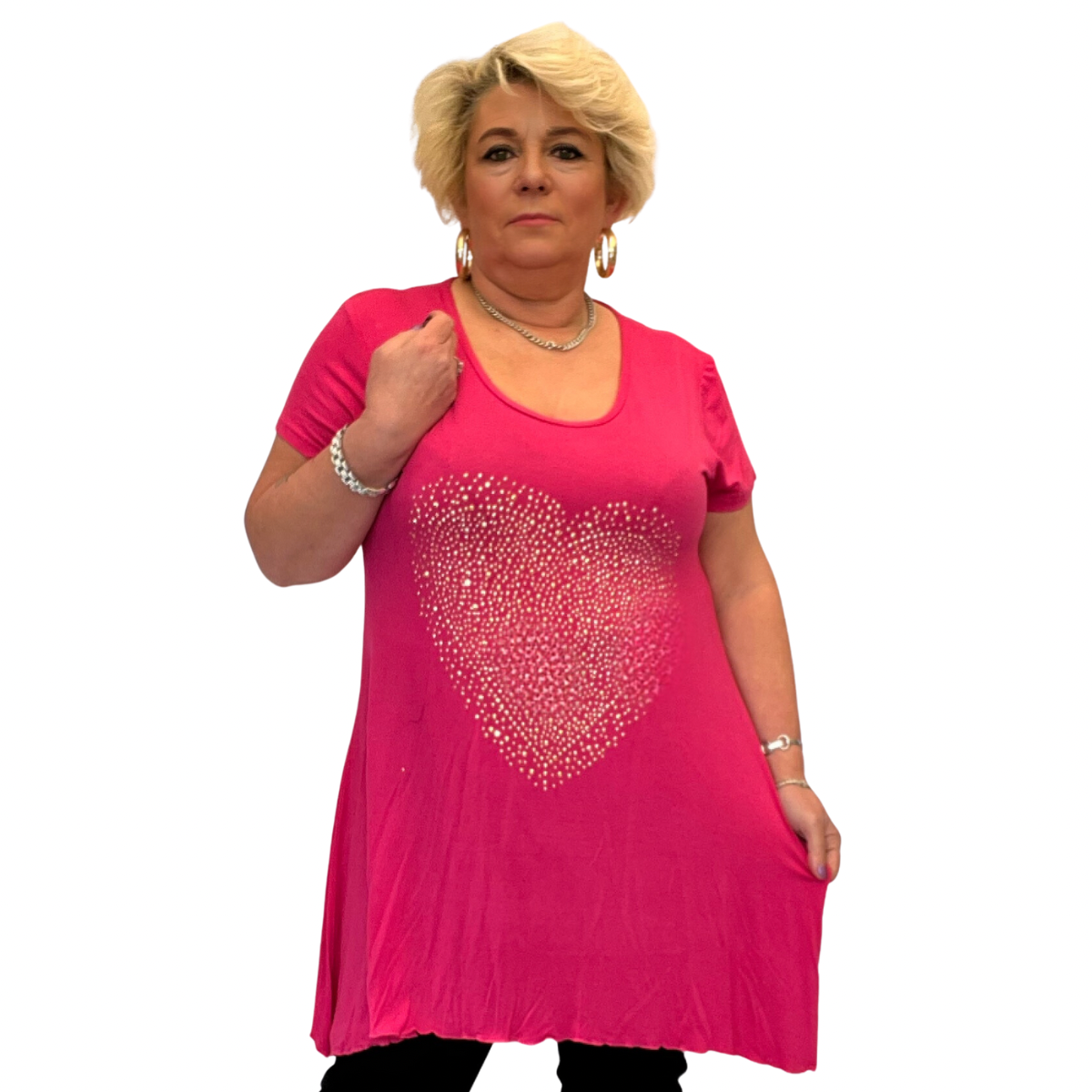 ROCKTHOSECURVES FLARED HEM LONG LENGTH TOP WITH GOLD STUDDED HEART