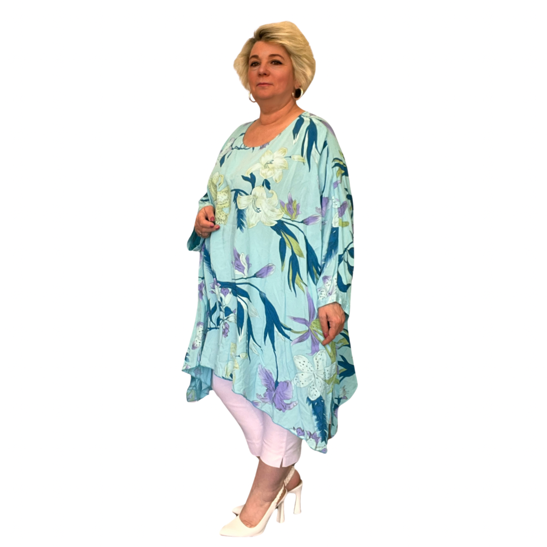 ROCKTHOSECURVES BRIGHT LILY PRINT OVERSIZED KAFTAN / BLOUSE WITH SEQUIN CUFFS