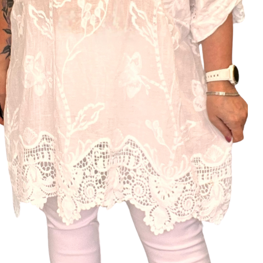 Plus‑Size Cotton Lace Hem Blouse