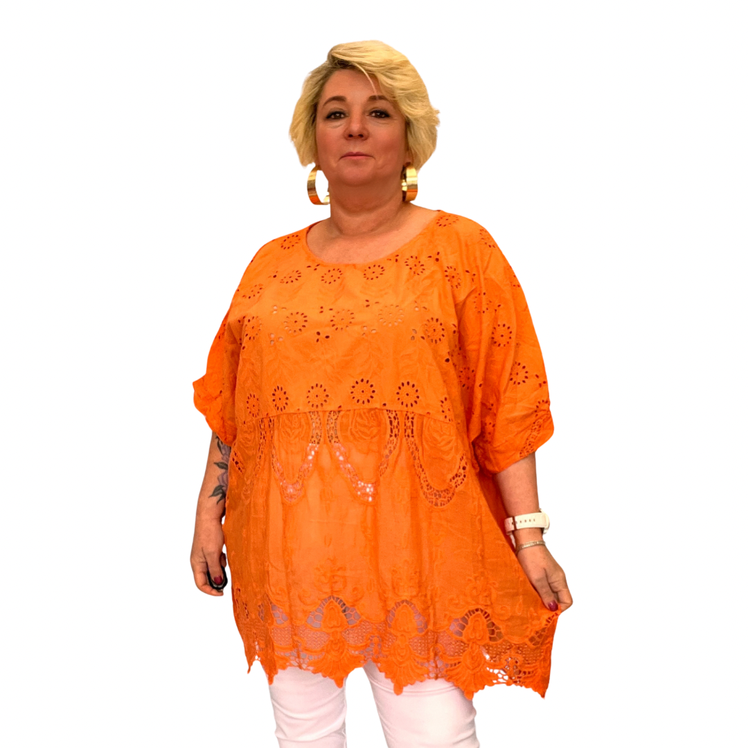 Plus‑Size Cotton Lace Hem Blouse
