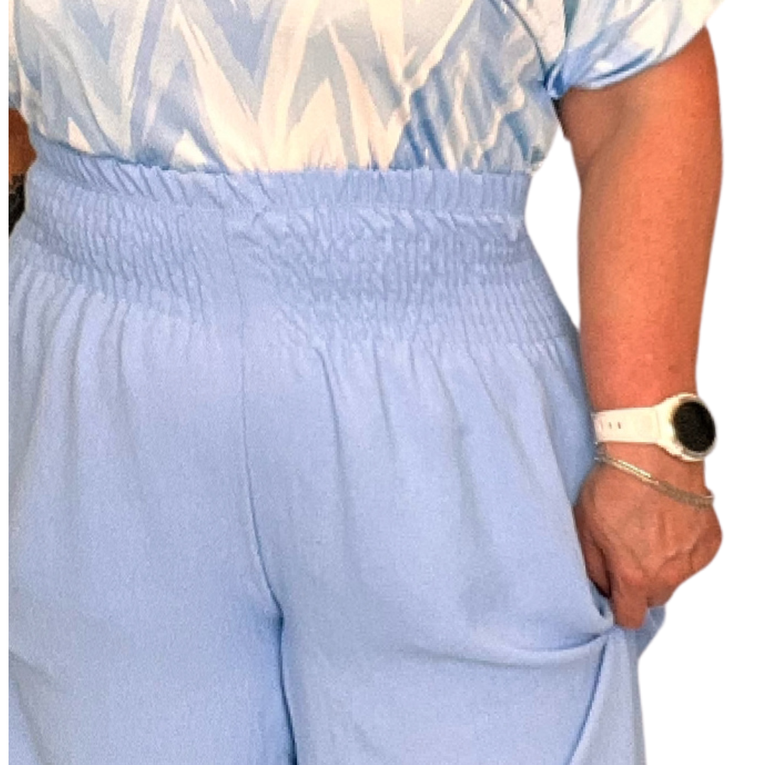 HIGH SMOCKED ELASTICATED WAIST WIDE LEG PALAZZO TROUSERS