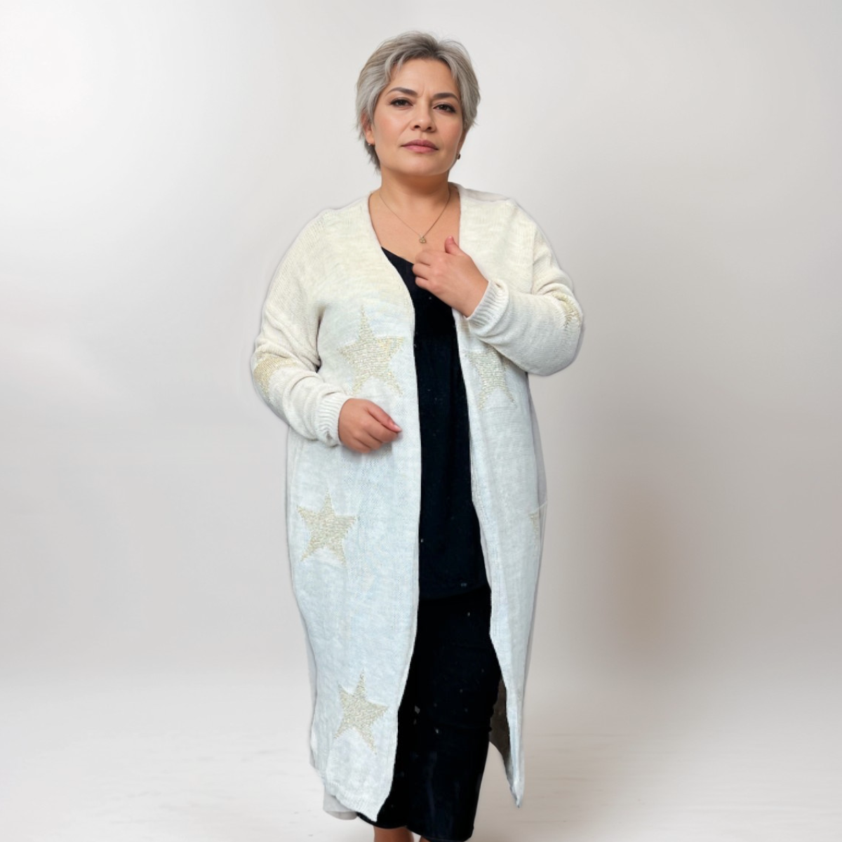 LONG LENGTH DUSTER CARDIGAN WITH GOLD STARS