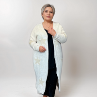 LONG LENGTH DUSTER CARDIGAN WITH GOLD STARS