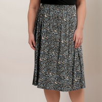 Plus‑Size Black Calf‑Length Skirt with Pink & Cream Flowers