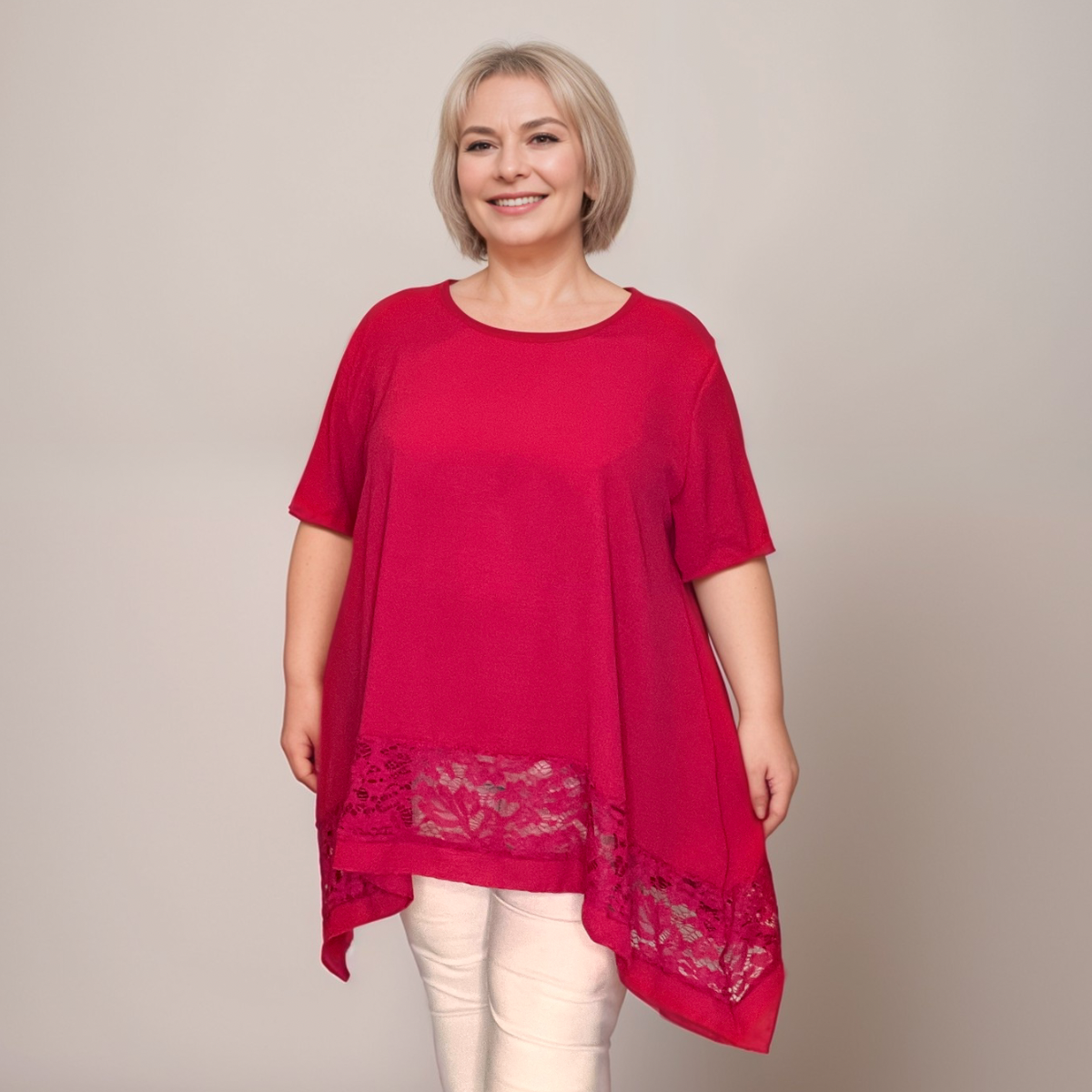 Plus‑Size Lace Hanky Hem Loose Fitting Blouse
