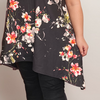 Plus‑Size Black Floral Crepe Swing Top with Hanky Hem