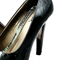 ROCKTHOSECURVES BLACK PATENT ALMOND TOE HIGH HEEL COURT SHOES