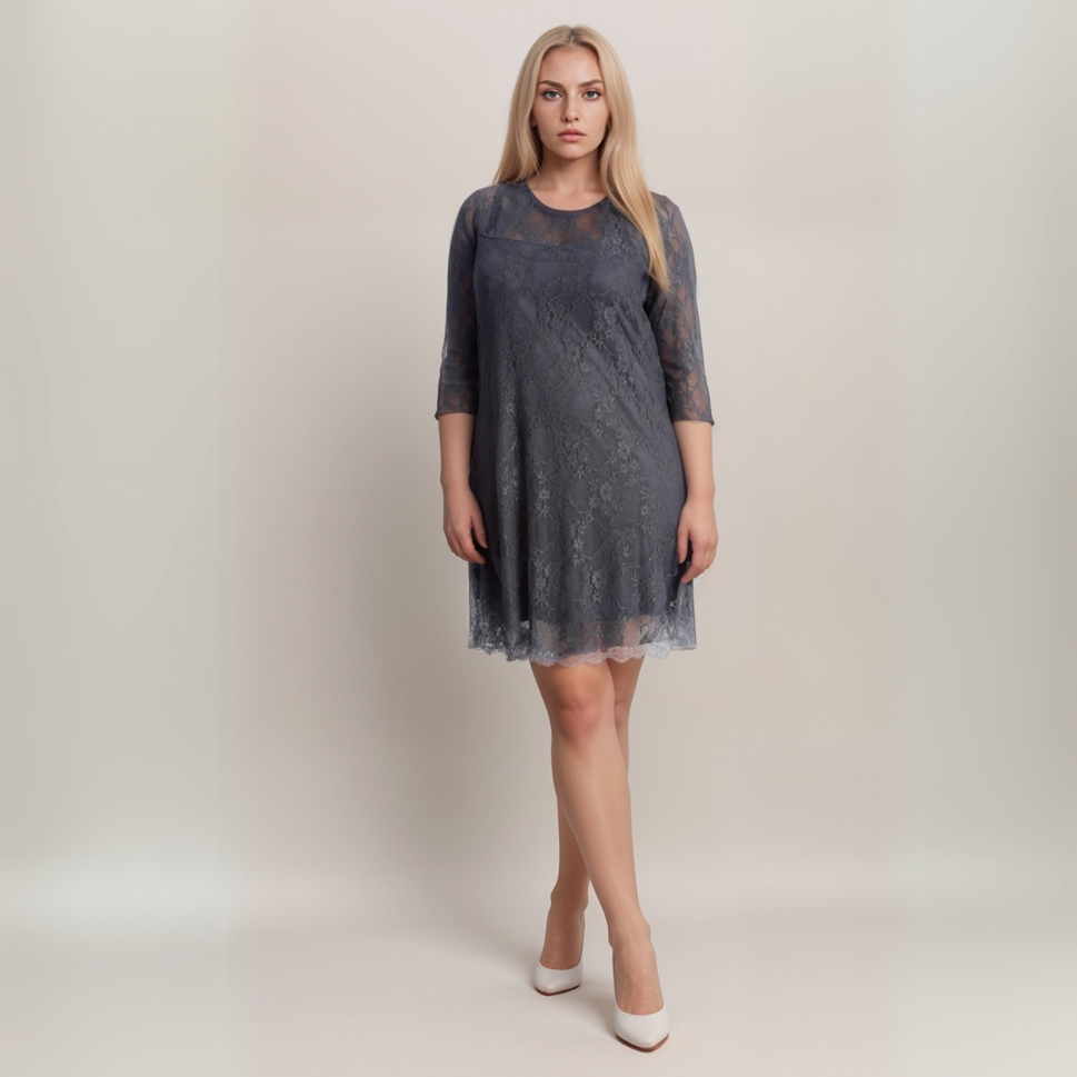 Plus‑Size Fine Lace 3/4 Sleeve Swing Dress with Sweetheart NecklineCHARCOAL / UK 14