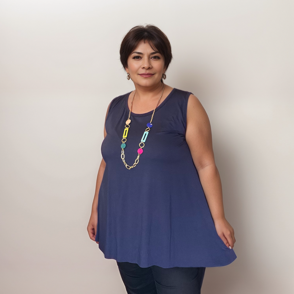 Plus‑Size Sleeveless Swing Vest with NecklaceNAVY BLUE / UK 16-18