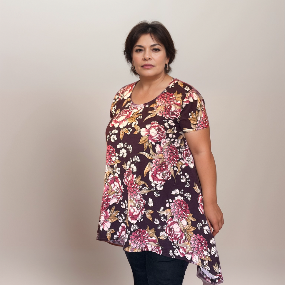 Plus-Size Wine Floral Crepe Swing Top with Hanky Hem