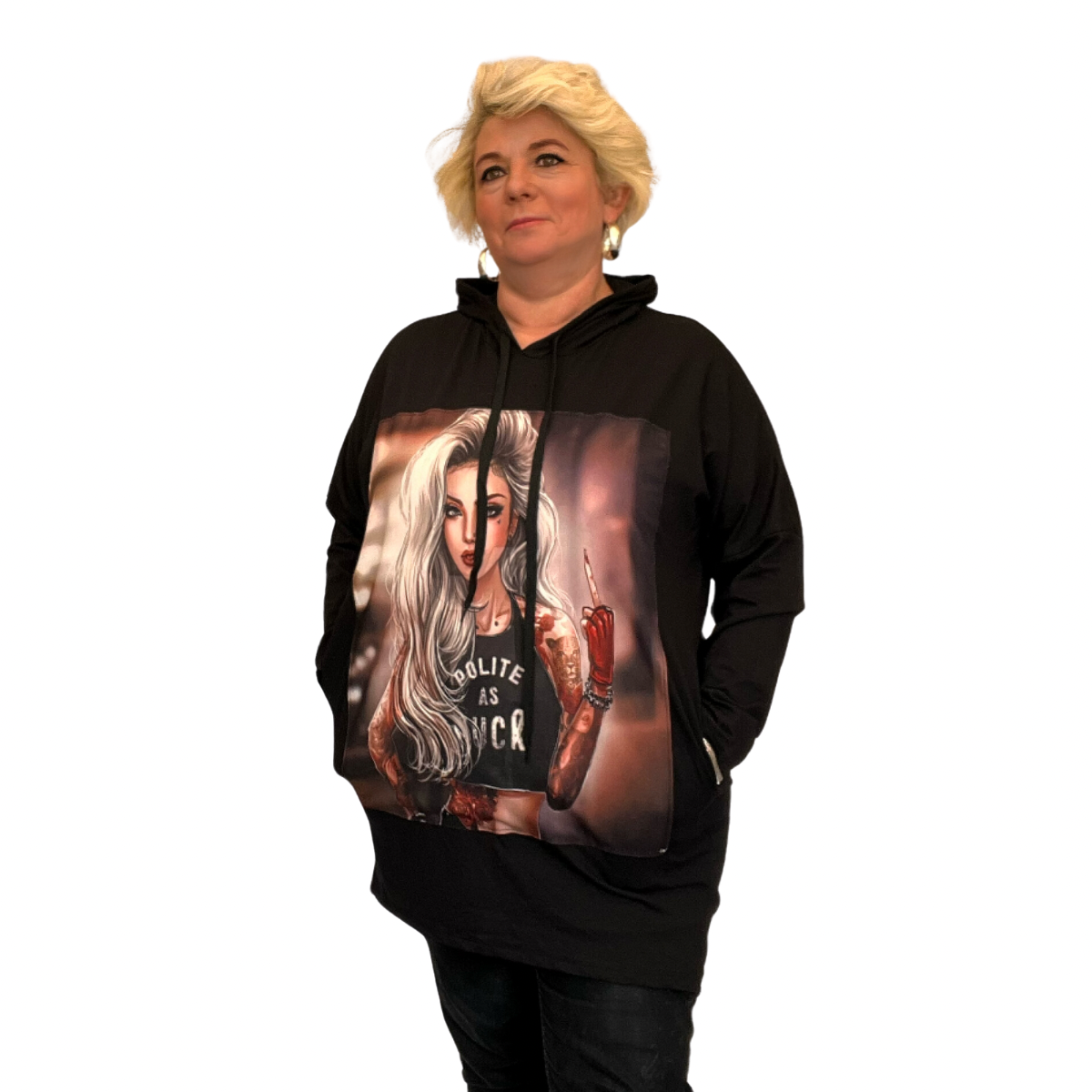 ROCKTHOSECURVES BLACK FACE PRINT POCKET SIDE HOODIE