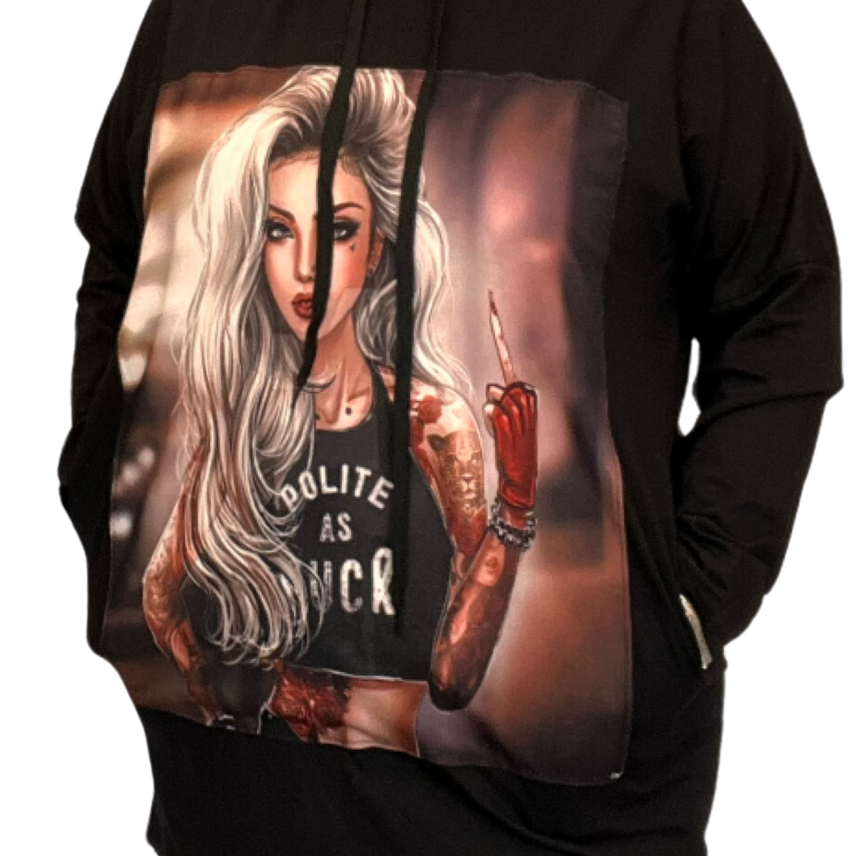 ROCKTHOSECURVES BLACK FACE PRINT POCKET SIDE HOODIE
