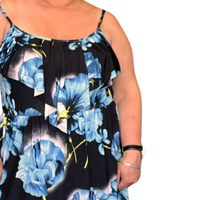 Blue Floral Print V Frilled Top Maxi Dress