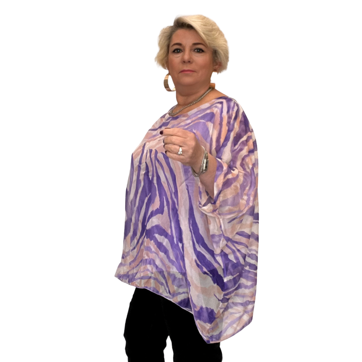 Plus‑Size Silky Batwing Leaf Print Loose Fitting Blouse