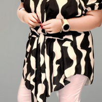 ROCKTHOSECURVES TIE WAIST LONG SLEEVE TWO TONE BLOUSE