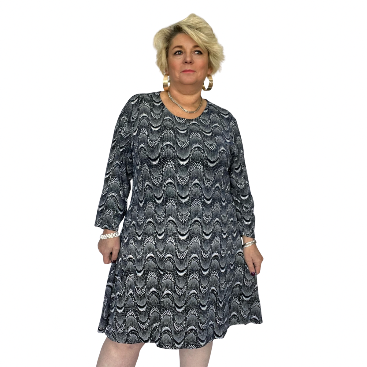 NAVY SPARKLY SWIRL PATTERN LONG SLEEVE PARTY SWING DRESS