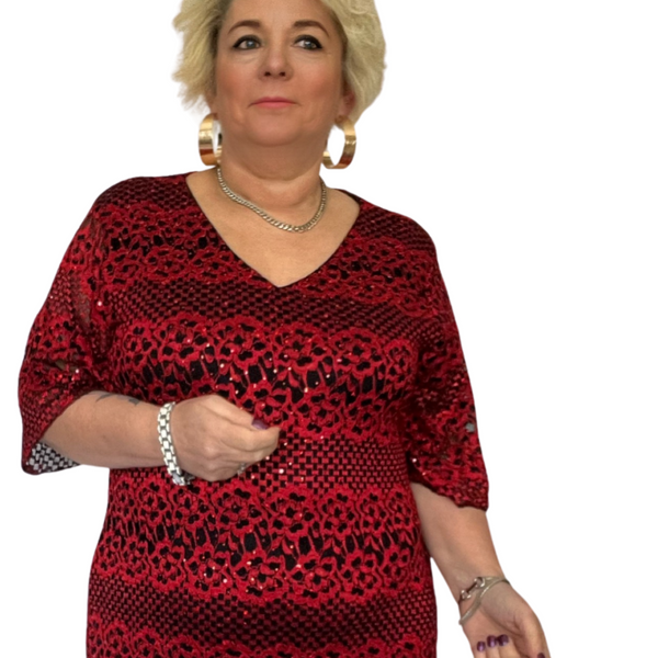 RED BLACK SPARKLY V NECK FITTED DRESS WITH BELL SLEEVES