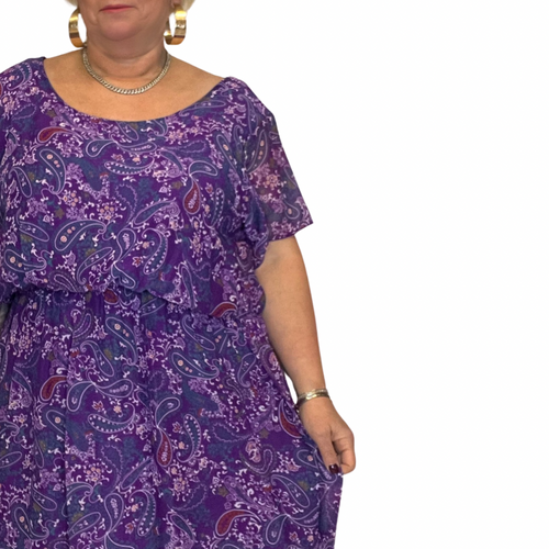 PURPLE PAISLEY LINED CHIFFON BLOUSE WITH ELASTICATED WAIST
