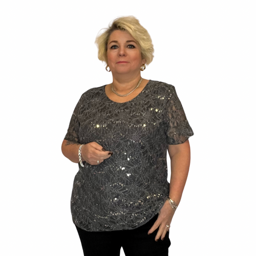 SEQUIN AND LACE SHORT SLEEVE BLOUSE / TOP