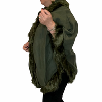 WOOL PONCHO CAPE COAT FAUX FUR EDGING + HOOD