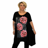Plus‑Size Roses Print Short Sleeve Hanky Hem Top