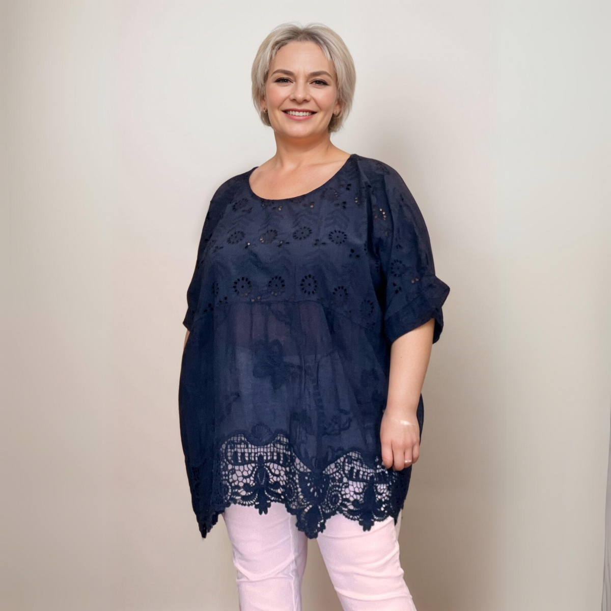 Plus‑Size Cotton Lace Hem Blouse