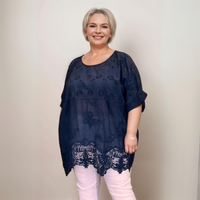 Plus‑Size Cotton Lace Hem Blouse