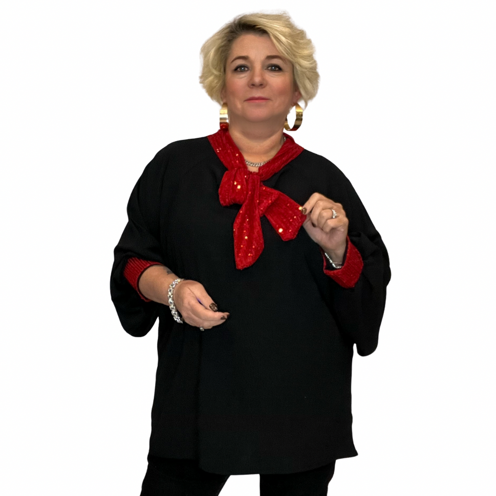 OVERSIZED BLOUSE / TOP WITH SEQUIN NECK TIE AND CUFFSBLACK RED / UK 20-22