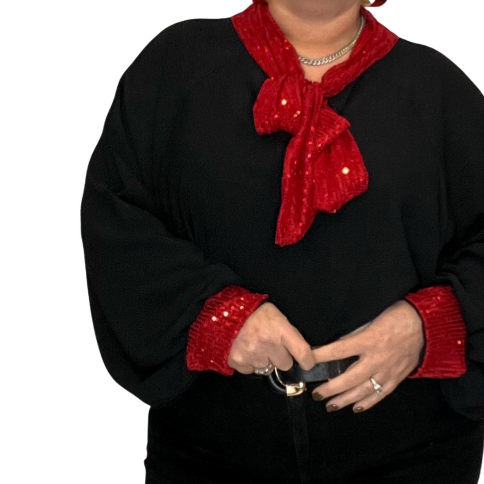 OVERSIZED BLOUSE / TOP WITH SEQUIN NECK TIE AND CUFFSBLACK RED / UK 24-26