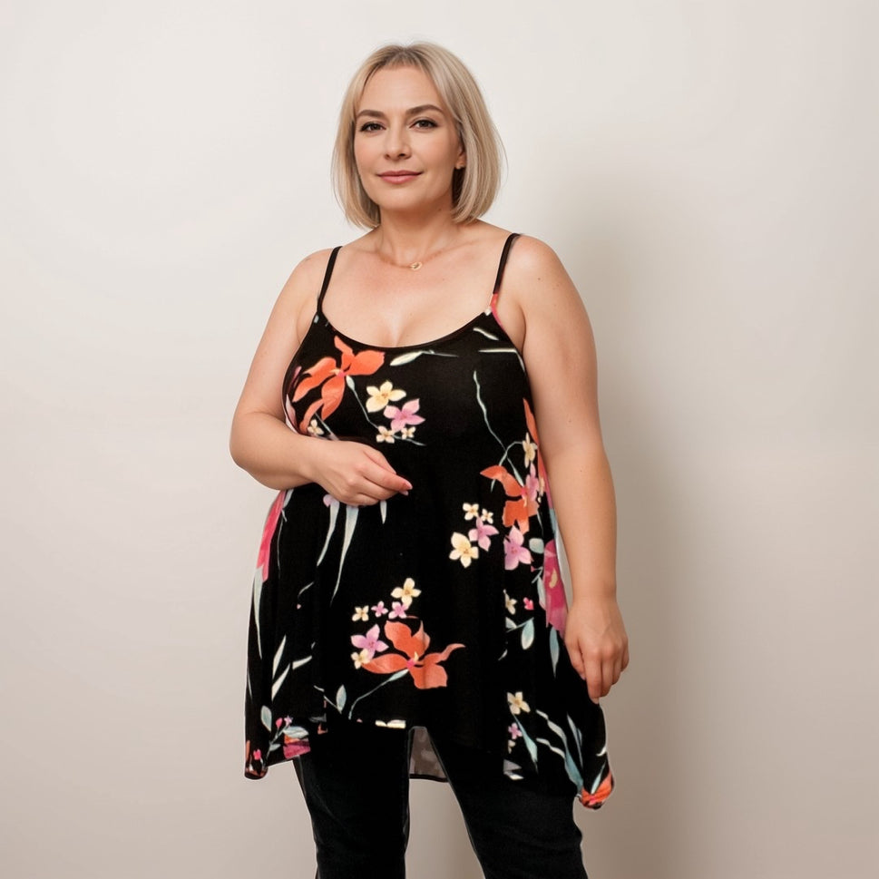 ROCKTHOSECURVES BLACK MULTI TROPICAL CAMI VEST SWING TOP WITH HANKY HEMBlack Multi / UK 12-14
