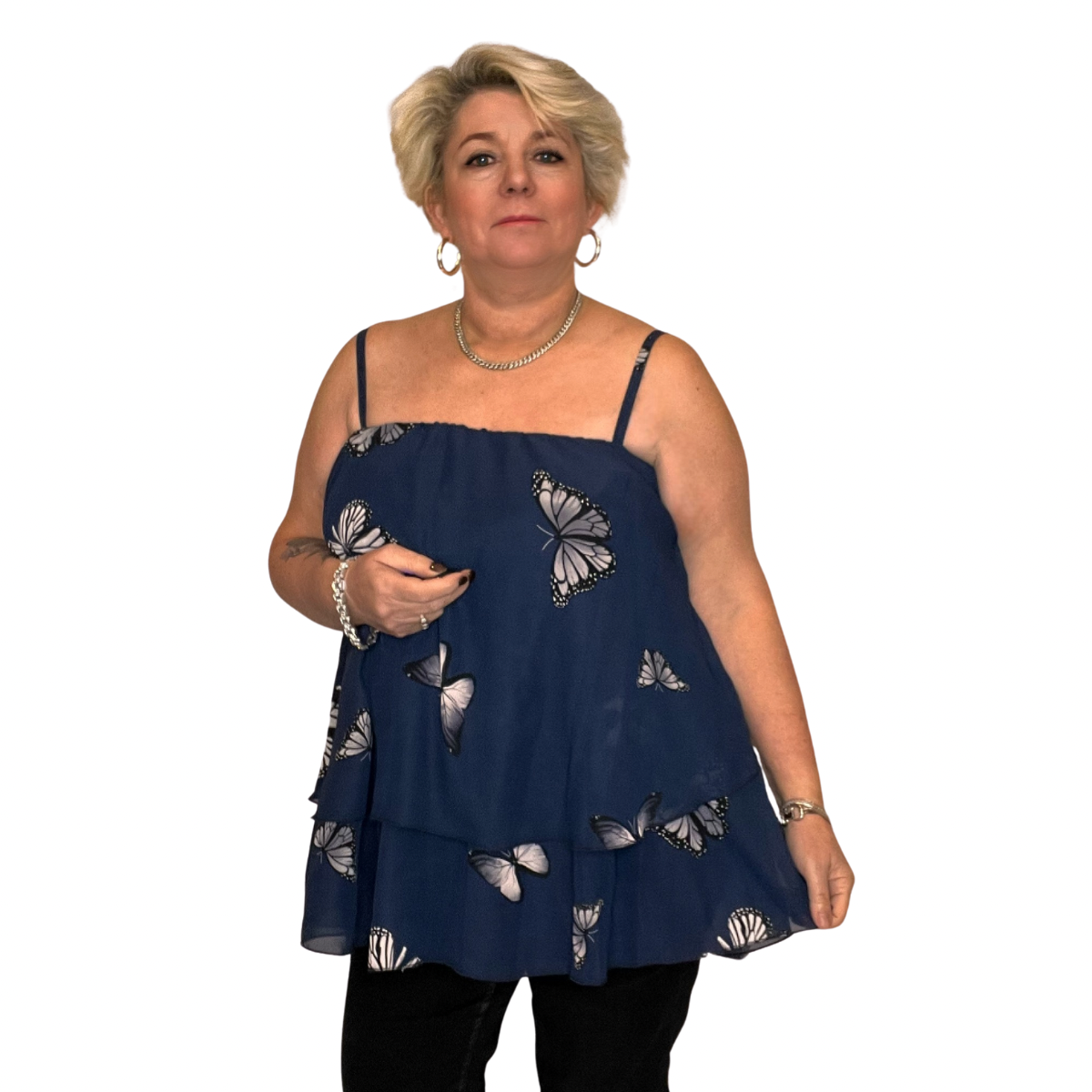 CHIFFON LAYERED STRAPPY TOP WITH BUTTERFLY PRINT