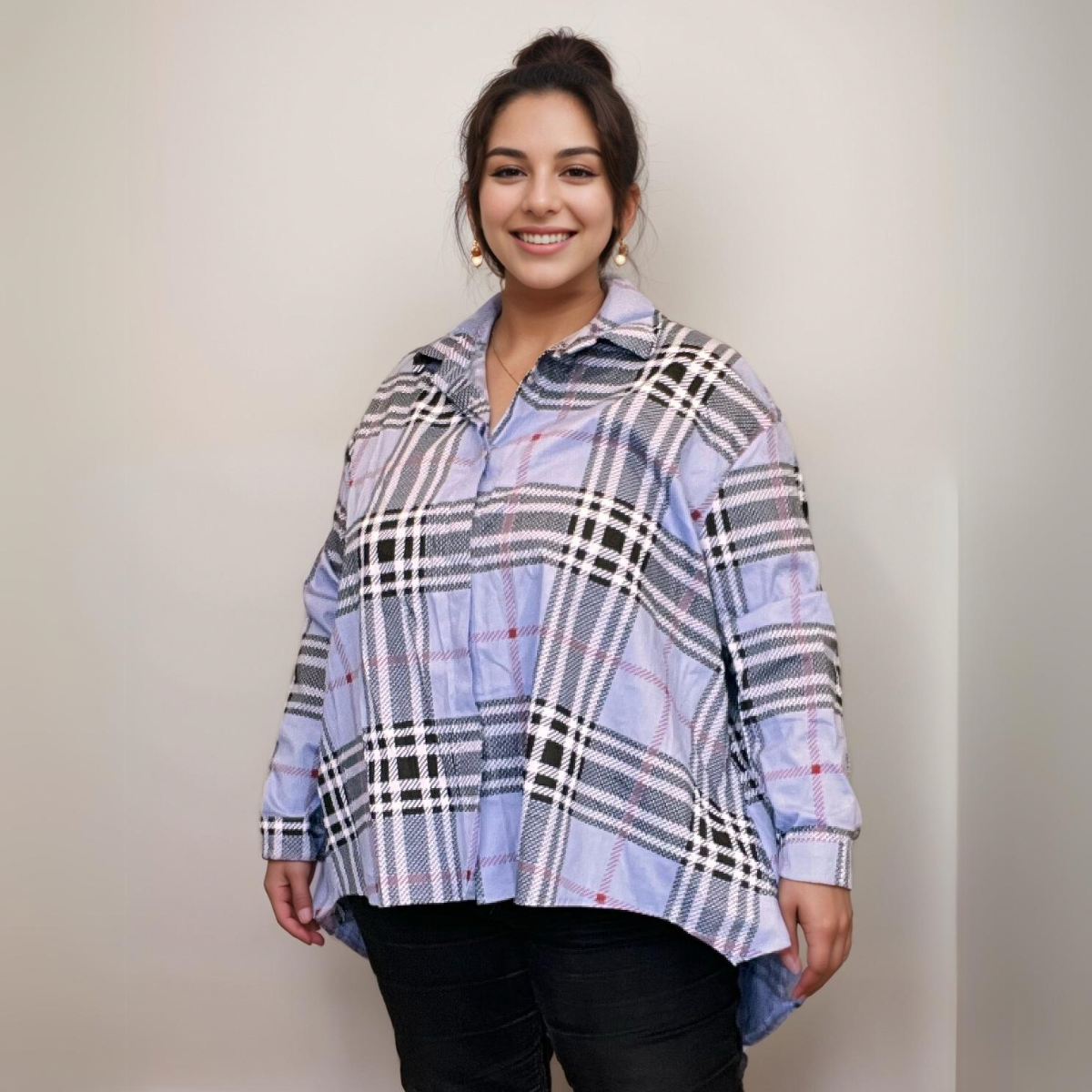 Check Pattern Dipped-Hem Shirt/Blouse Plus Size
