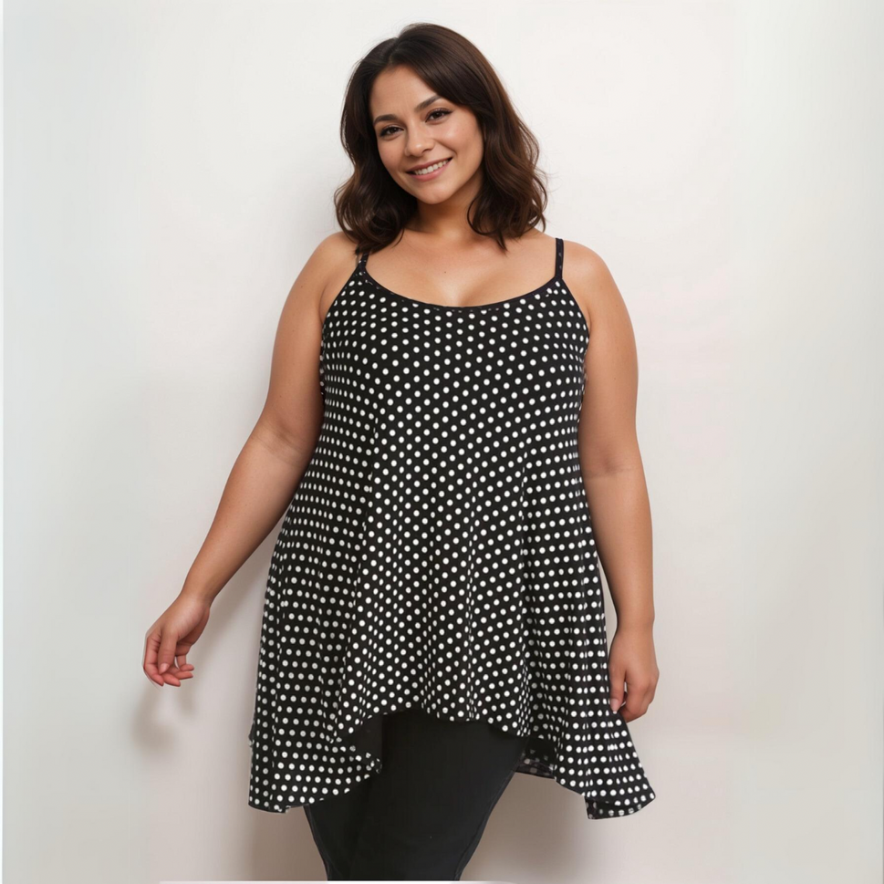 Plus‑Size Polka Dot Cami Vest Swing Top with Hanky HemBLACK / UK 12-14