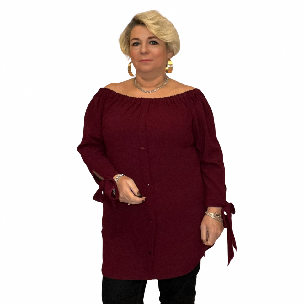OFF SHOULDER LONG LENGTH DIPPED HEM TOP WITH TIE SLEEVESWINE / UK 12-14