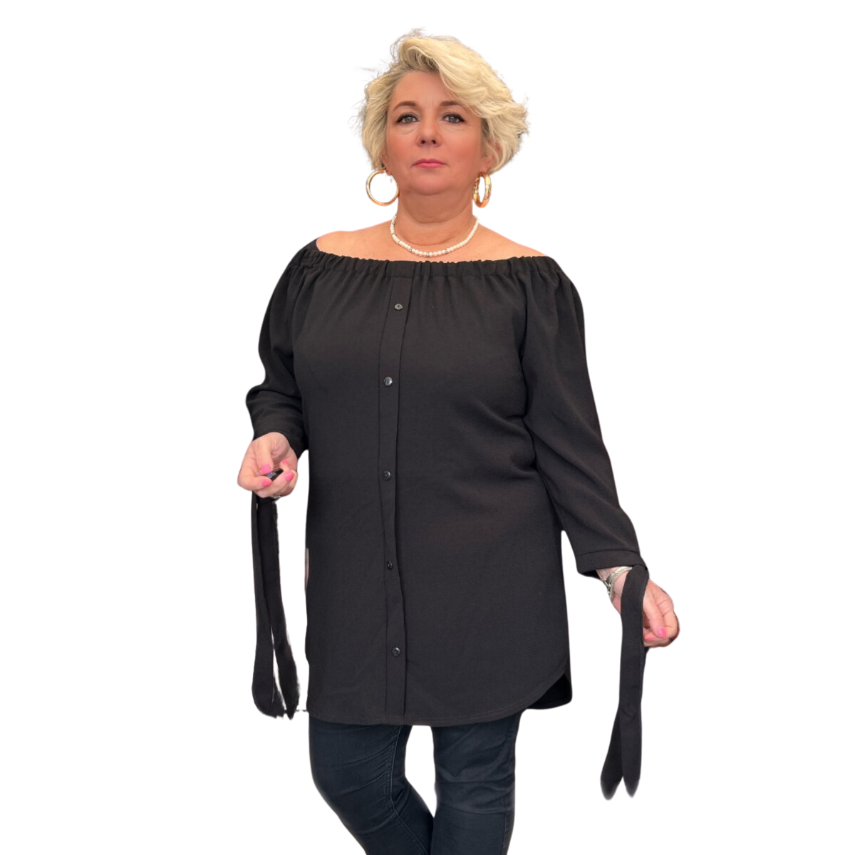 OFF SHOULDER LONG LENGTH DIPPED HEM TOP WITH TIE SLEEVES
