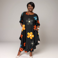 Plus‑Size Flower Print Frilled Dipped Hem Short Sleeve Dress