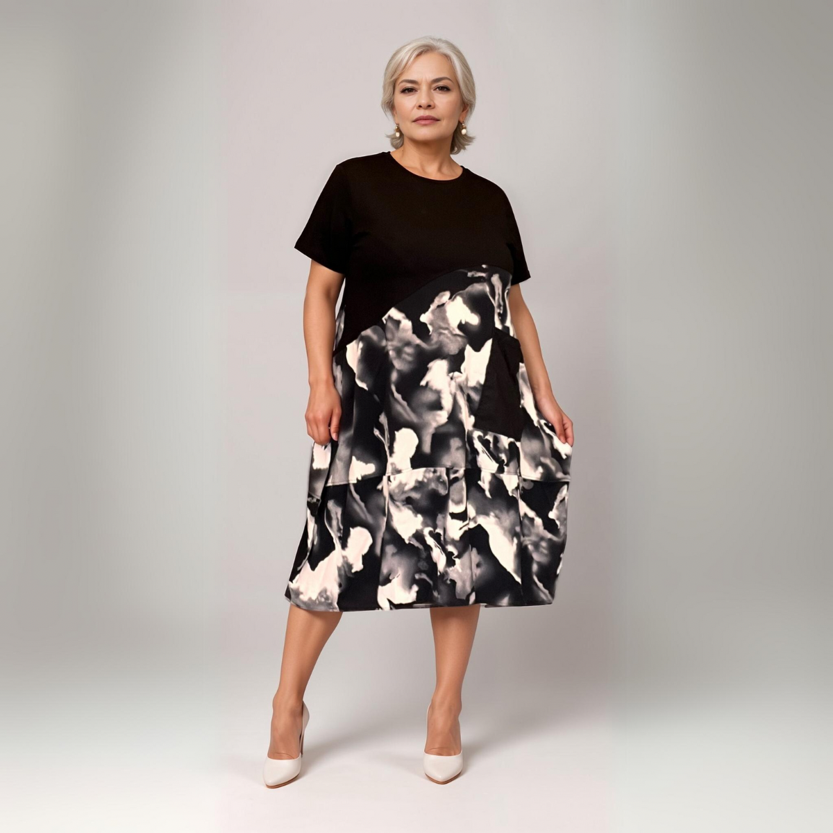 BLACK TIE DYE PANEL SHORT SLEEVE DRESS WITH POCKET