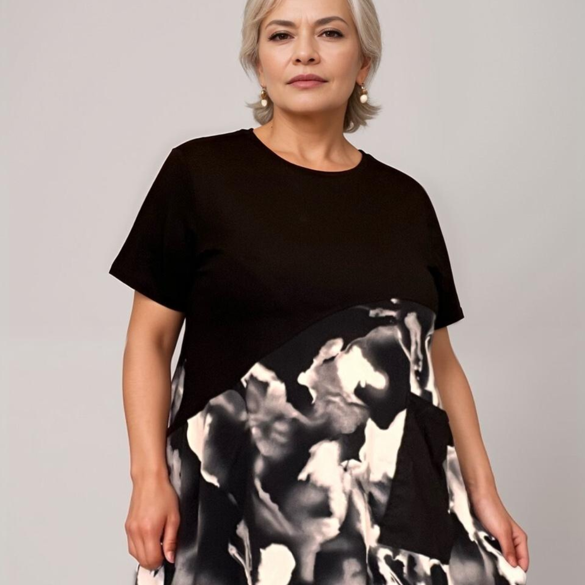 BLACK TIE DYE PANEL SHORT SLEEVE DRESS WITH POCKET