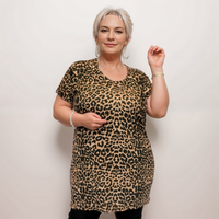 LEOPARD PRINT SHORT SLEEVE LONG LENGTH T-SHIRT / TOP