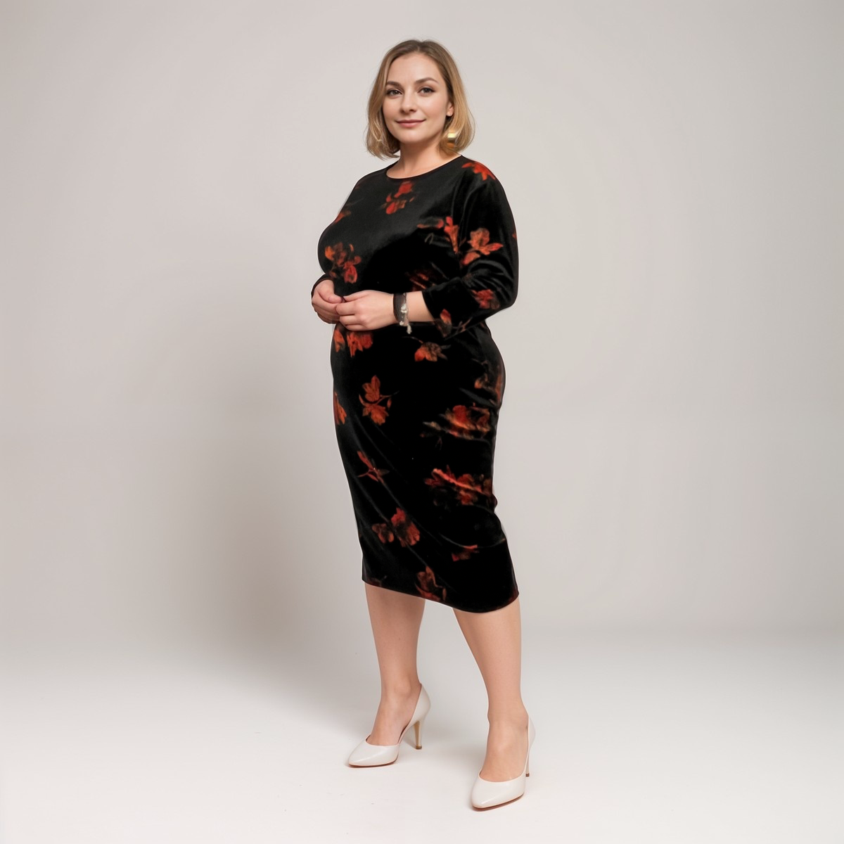 BLACK RED 3/4 SLEEVE STRETCH VELVET MIDI DRESS