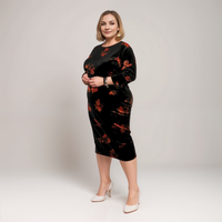 BLACK RED 3/4 SLEEVE STRETCH VELVET MIDI DRESS