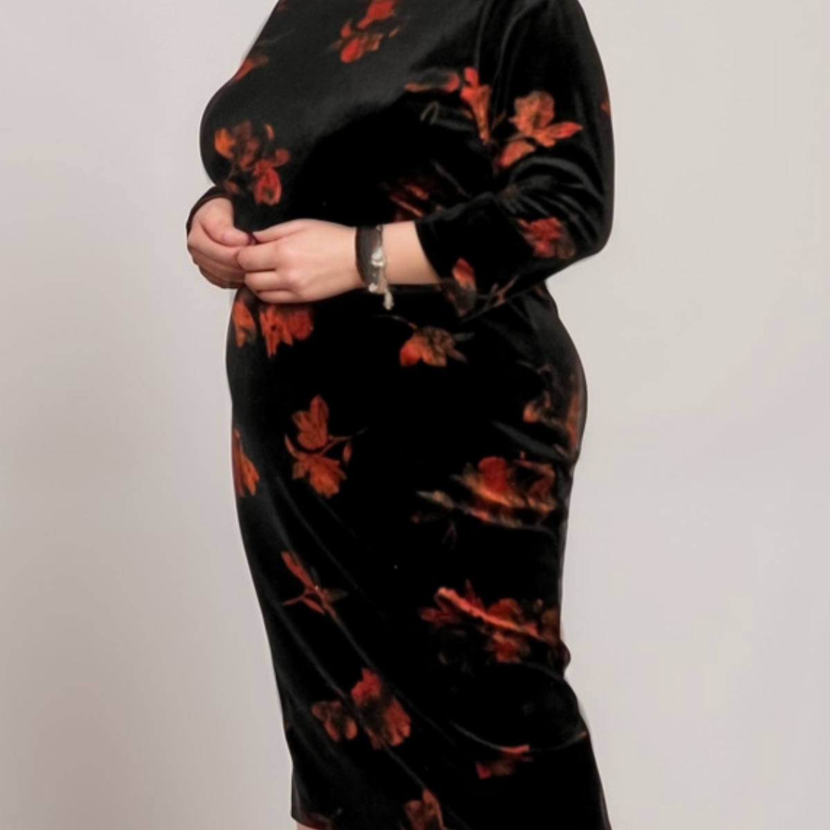 BLACK RED 3/4 SLEEVE STRETCH VELVET MIDI DRESS